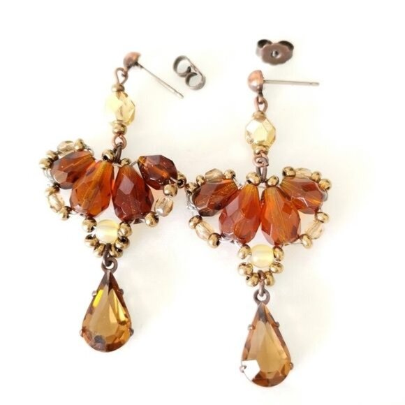 Vintage Czech Beaded Dangle Earrings Brown Gold - Picture 2 of 5